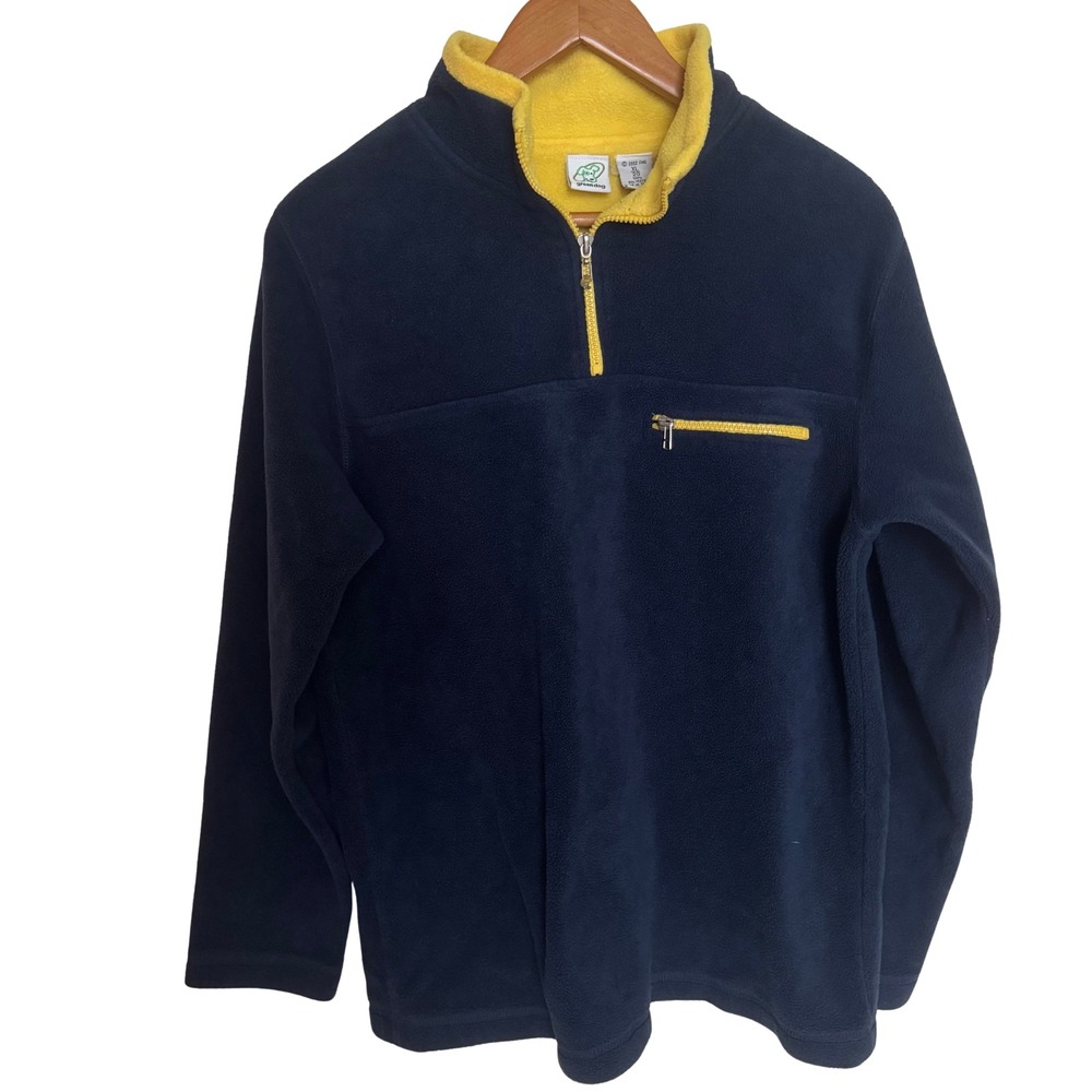 Greendog Vintage Navy Blue Yellow Quarter Zip Fleece Pullover Size XL Excellent